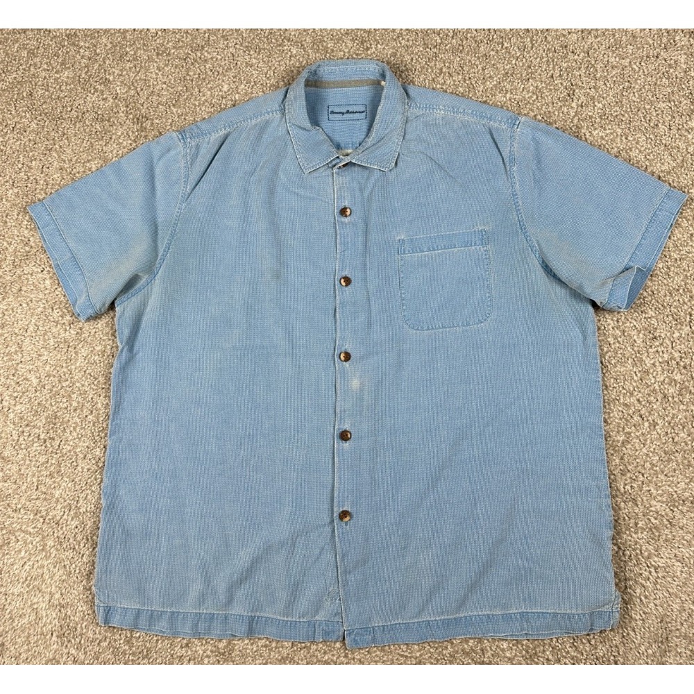 Tommy Bahama Shirt‎ Mens 2XL Blue Solid Hawaiian Button Up Short Sleeve Silk XXL